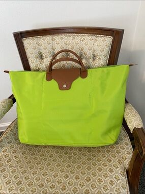 Bright Lime Green Nylon Tote with Brown Faux Leather Trim